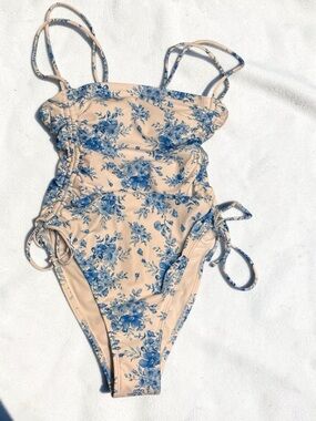 Floral Blue on Cream Ruched One-Piece Swimsuit NWT
